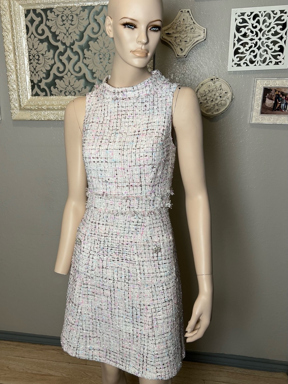 Sleeveless Tweed A-Line Dress in Pastel Pink - Picture 5 of 15